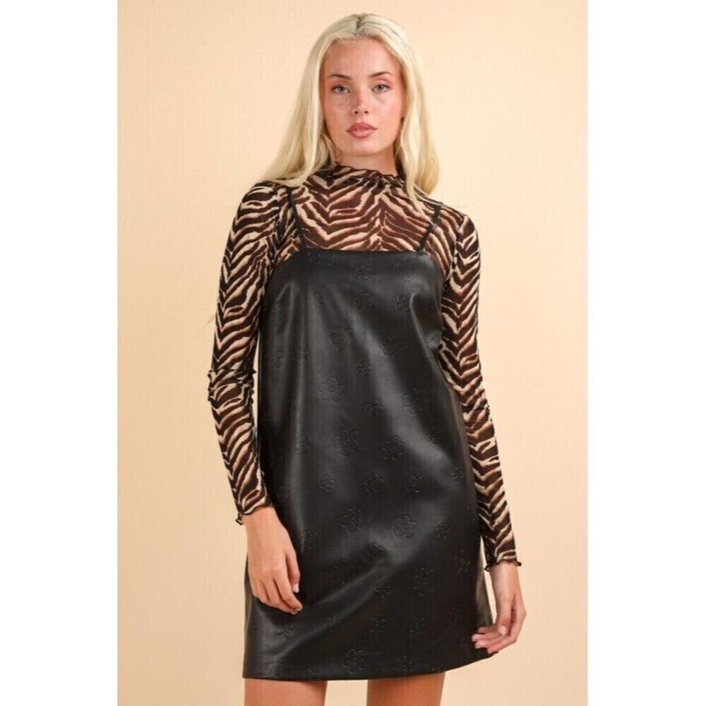 Floral Textured Faux Leather Holiday Mini Dress